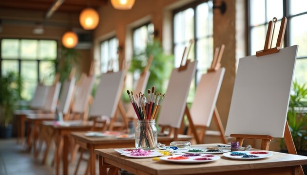 Art studio prepared for class with easels, blank canvases, paint palettes, brushes. Wooden tables, chairs arranged in rows in well-lit loft space with large windows. Plants add natural element to