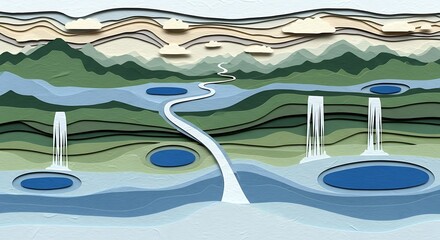 Obraz premium Paper Cut Abstract Valley Landscape with Rivers and Blue Pools