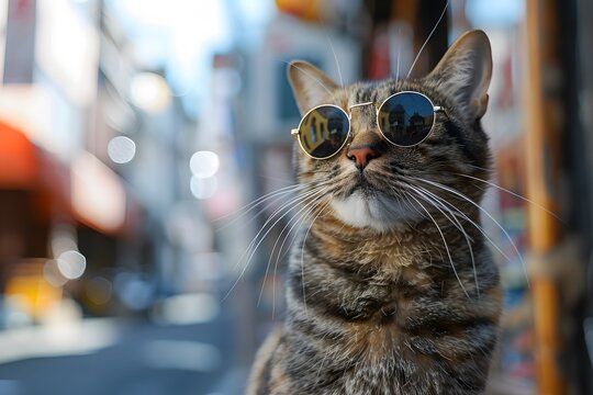 A stylish cat wearing round sunglasses poses confidently on a bustling city street. The warm sun illuminates the scene, creating a playful atmosphere in the background - Powered by Adobe