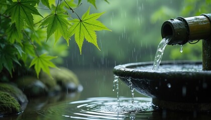 Naklejka premium Rain falls in a green forest garden. Water flows from bamboo pipe into stone basin. Image shows zen atmosphere with nature sounds for relaxation and meditation.