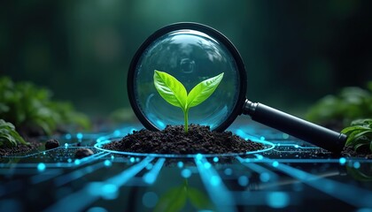 Magnifying glass examines green plant sprout growing from soil on glowing blue circuit board. Analysis of nature through technology. Concept of biology research, eco innovation, agritech business