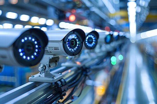 A row of advanced surveillance cameras is mounted along a factory line, providing real-time monitoring of the area. Bright LED lights enhance their visibility, ensuring security - Powered by Adobe