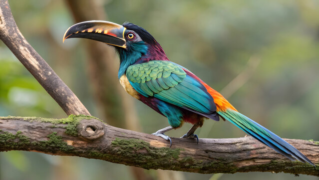 A whimsical, mythical creature with the slender, graceful body of a tropical bird and the unmistakable, curved beak of a toucan