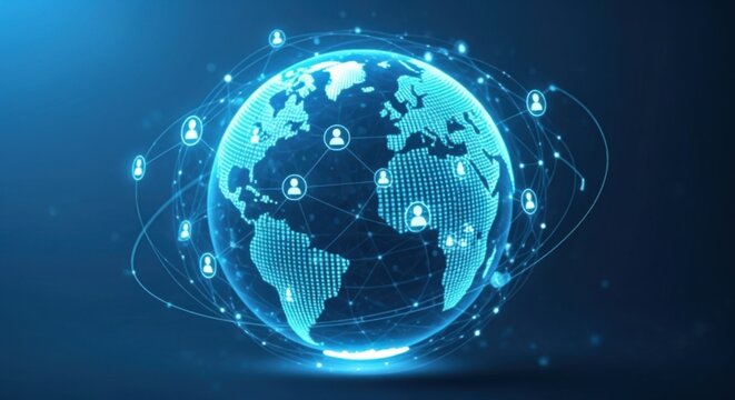 Global network connection with digital Earth illustration. Worldwide communication, social media, and technological interconnectedness concept.