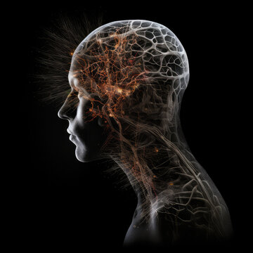 Human head, bionicle people concept.Deep machine learning, AI Technology, thinking. Android robot creation