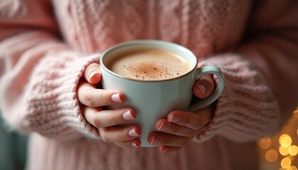 Woman holds cup of hot cocoa. Close up photo of hands with manicure. Cozy image of person in pink sweater drinking warm beverage. Coffee break