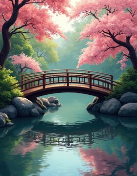 Illustration of Japanese garden bridge over water. Pink cherry blossom trees. Scenic view reflects in the lake. Peaceful nature background. Artwork of idyllic scene.
