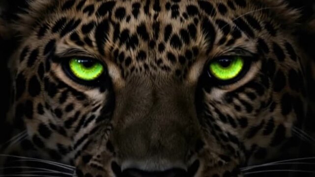Intense Leopard Portrait with Piercing Green Eyes in the Dark Forest Captivating Wildlife Photography