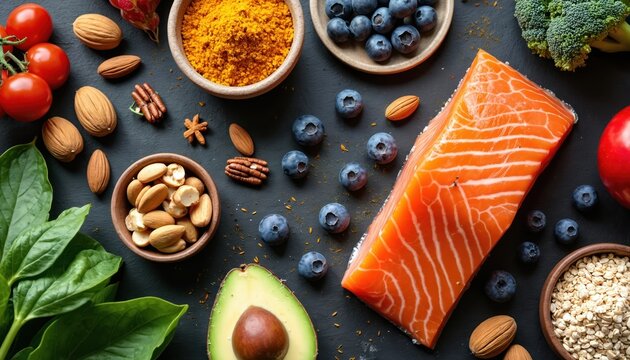 Healthy food arrangement on dark surface displays fresh produce salmon nuts seeds grains, berries. Image promotes balanced nutrition wellness, dietary choices for optimal health. Represents lifestyle