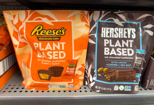 Reese&rsquo;s and Hershey&rsquo;s Plant Based Chocolate Candy Display in Store Shelf.