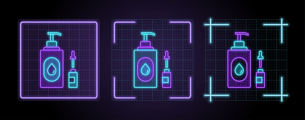 Skin care itens icon illustration, cyber neon visual, glowing border grid vector.