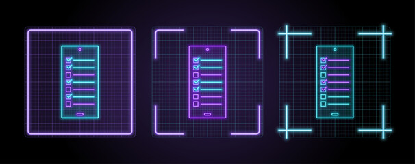 Checklist phone icon illustration, cyber neon visual, glowing border grid vector.