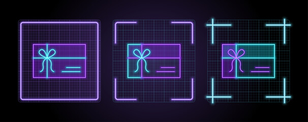 Gift Card icon illustration, cyber neon visual, glowing border grid vector.