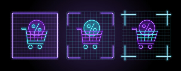 Add discount cart sale icon illustration, cyber neon visual, glowing border grid vector.