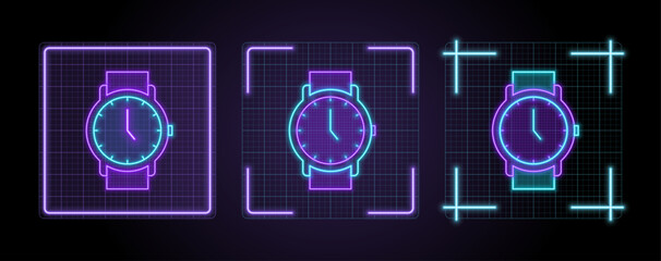 Wrist watch icon illustration, cyber neon visual, glowing border grid vector.