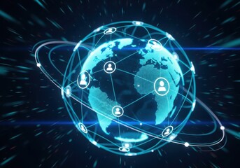 Global network connection with interconnected user icons orbiting a glowing Earth, representing worldwide digital communication, social media, and futuristic technology.