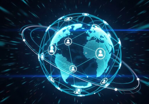 Global network connection with interconnected user icons orbiting a glowing Earth, representing worldwide digital communication, social media, and futuristic technology.