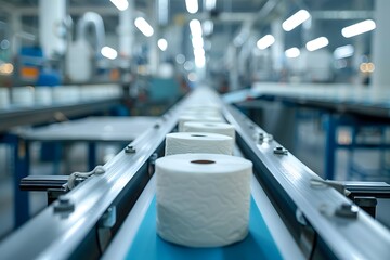 Rolls of toilet paper are seen moving along a conveyor belt inside a busy manufacturing facility. The bright lights and machinery create an efficient production environment