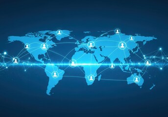 Global digital network connecting people worldwide, represented by user avatars and glowing lines on an abstract world map background.