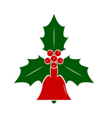 christmas bell and holly isolated on white background