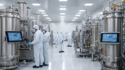 Scientists, technicians in protective cleanroom suits and face masks are operating, monitoring large, stainless steel bioreactors working on processes like biomanufacturing, pharmaceutical production