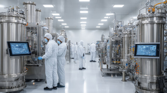 Scientists, technicians in protective cleanroom suits and face masks are operating, monitoring large, stainless steel bioreactors working on processes like biomanufacturing, pharmaceutical production