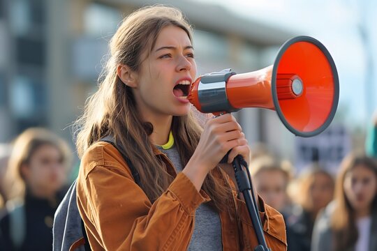 A young activist stands in front of a crowd, passionately using a megaphone to advocate for climate action - Powered by Adobe