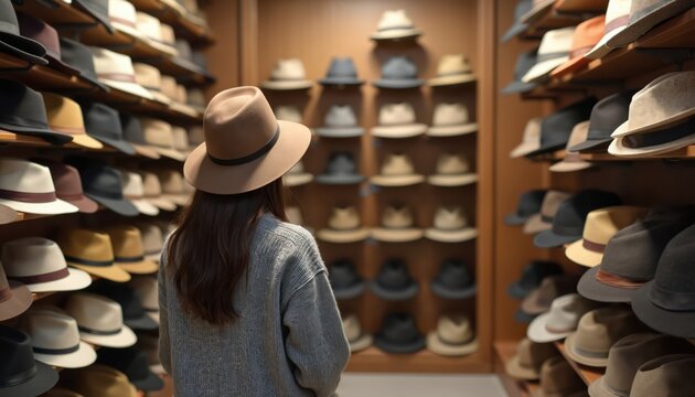 Woman examines hat display in store. She looks at rows of headwear on shelves. Lots of hats are available for purchase, different styles and colors.