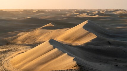 Aerial view of sand dunes with golden light at sunrise or sunset