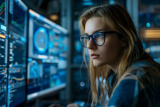 A young woman studies financial data on multiple screens in a modern office. The room is dimly lit, and the screens display various charts and graphs. She looks concentrated and engaged