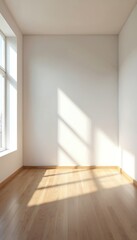 Fototapeta premium Empty bright room features white walls, light wooden floor. Sunlight streams through large window, casting strong geometric shadows. Modern minimal clean home space perfect for interior design ideas