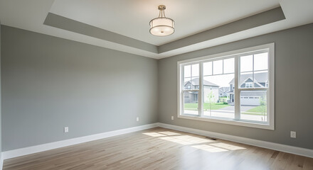 Fototapeta premium Empty room with gray walls and large window with natural light