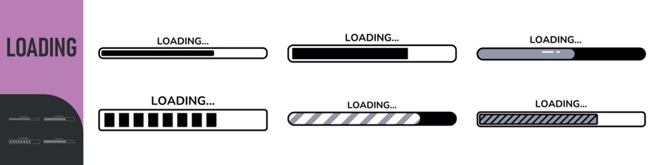Loading bar. Loading or Installing process. Load sign. System software update and upgrade. Vector loading bar progress icons. Download progress. Color set icons. Vector illustration