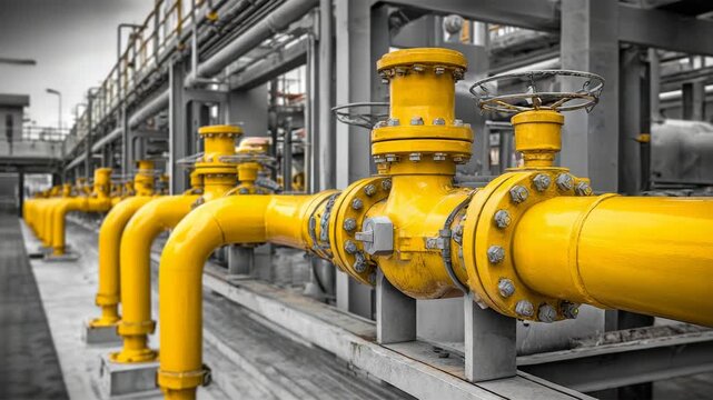 Yellow industrial pipelines with valve controls in outdoor refinery setting