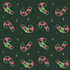Seamless Pattern Candy Cane on dark green background, Christmas & New Year, great for wrapping, greeting cards, textile design, fabrics