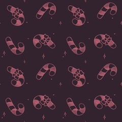 Seamless Pattern Candy Canes on dark background, Christmas & New Year, great for wrapping, greeting cards, textile design, fabrics, vintage