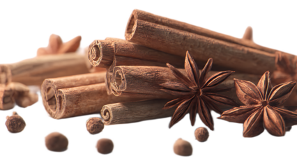 A close up shot of cinnamon sticks star anise and nutmeg on a black background in soft lighting