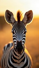 Naklejka premium Zebra portrait at sunset. An animal with black and white stripes stands against warm golden light. This photo captures a zebra head close up in nature.