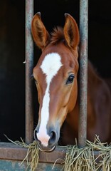 Obraz premium Close up of a buckskin foal in stable looking out. Young horse head portrait between bars in front. Light brown animal with white spot stands near manger with hay.
