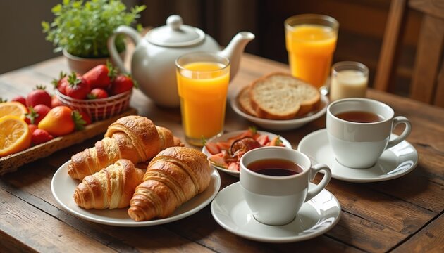 Morning breakfast spread with croissants, fresh strawberries, oranges, and juice. Hot tea and toast complete this delicious start to the day.