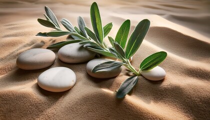 Natural Harmony Sage Twig And Pebble Rocks On Sand Serene Botanical Background