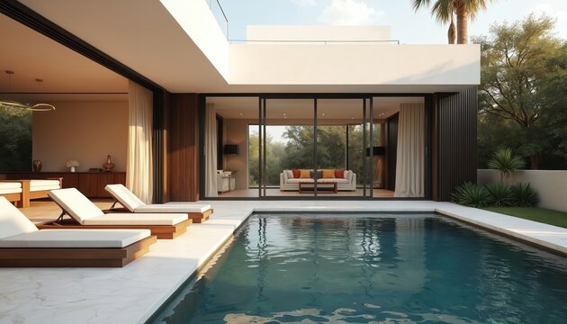 Modern villa with swimming pool, patio in backyard. Sun loungers stand on terrace for relaxation. Luxury house minimalist design, large glass walls, visible living room. Tranquil real estate property