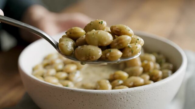 Close-Up of Spoon Lifting Cooked Lima Beans from Bowl