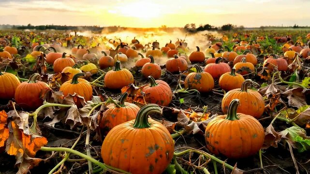 Pumpkin Patch Harvest Scene with Golden Sunset and Abundant Pumpkins.