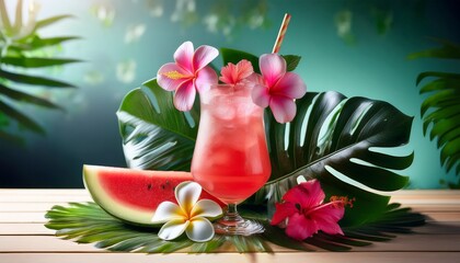 Refreshing Summer Cocktail Garnished With Vibrant Frangipani And Hibiscus Flowers Surrounded By Lush Monstera Leaves And Juicy Watermelon Creating A Tropical Paradise Atmosphere