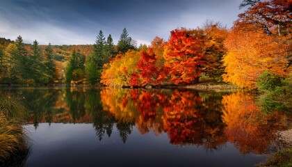 Autumn Forest Beautiful Fall Colors Orange Yellow Red And Green Trees Water River Lake Reflections