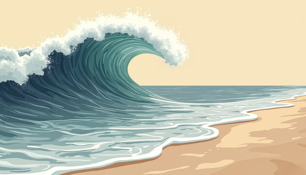 Stylized artwork presents a big sea wave rolling to the beach. Ocean meets sand on shore. Design symbolizes nature power, water energy. Modern art style ideal for print or decor.