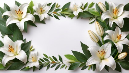 Elegant Floral Frame A Sophisticated Banner Of White Lilies And Lush Green Leaves Border A Clean White Space Offering A Sense Of Purity And Invitation