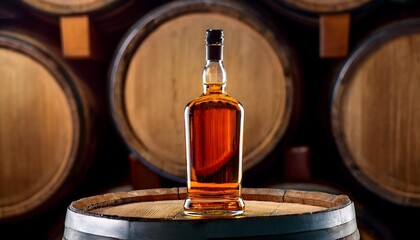 Full Liquor Bottle Sits On Wooden Barrel Next To Glass With Amber Spirit Warm Inviting Mood Enhances Aged Whiskey Cognac Or Bourbon In Distillery Cellar With Rows Of Oak Aging Barrels