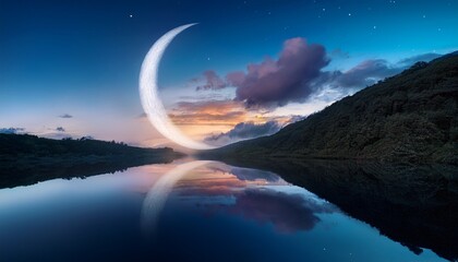A Beautiful Landscape View Of Half Cloudy Circle On Reflecting On Water At Night
